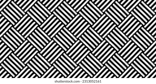 Diagolnal basket weave black and white seamless pattern . Basketweave bamboo texture. Simple monochrome background. Vector abstract illustration