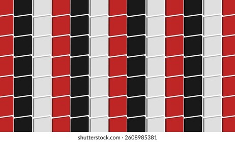 Diagonal 3D block pattern with red, black, and white square tiles creating a modern abstract background ideal for wallpapers, graphic design, and contemporary digital surfaces