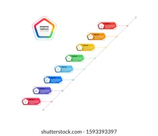 diagonal 8 steps timeline infographic template with pentagons and polygonal elements on a white background. modern business process visualisation with thin line marketing icons. vector illustration
