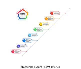 diagonal 8 steps timeline infographic template with pentagons and polygonal elements on a white background. modern business process visualisation with thin line marketing icons. vector illustration