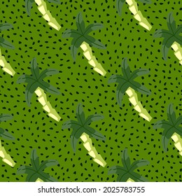 Diagonal abstract bright seamless pattern with doodle palm tree elements. Bright green dotted background. Designed for fabric design, textile print, wrapping, cover. Vector illustration.