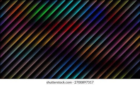 Padrão abstrato diagonal de linhas de néon coloridas em um fundo escuro. Visualização do espectro.