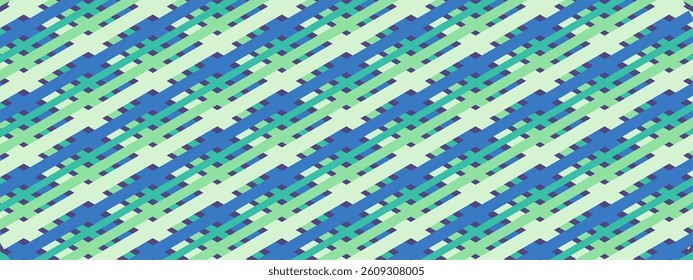 A diagonal abstract pattern of interwoven green, teal, and blue stripes creating a layered, woven-style design.