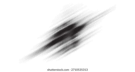 Forma abstrata diagonal composta de pontos pretos, criando um efeito de textura de meio-tom, definida contra um plano de fundo branco.