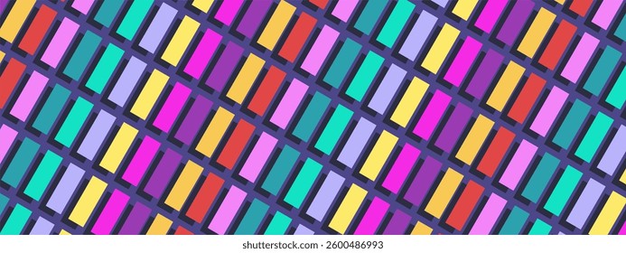 A diagonal arrangement of colorful rectangular tiles creates a vibrant, abstract pattern with bold geometric appeal.