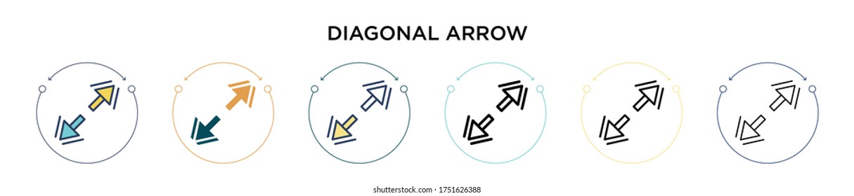Diagonal arrow icon in filled, thin line, outline and stroke style. Vector illustration of two colored and black diagonal arrow vector icons designs can be used for mobile, ui, web