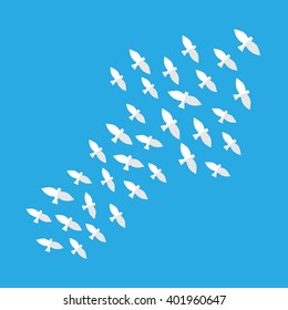 Diagonal arrow of white birds in flight flying upwards in blue sky. Growth, hope, faith, purpose, goal, teamwork, leadership, business vision and motivation concept. EPS 8 vector, no transparency