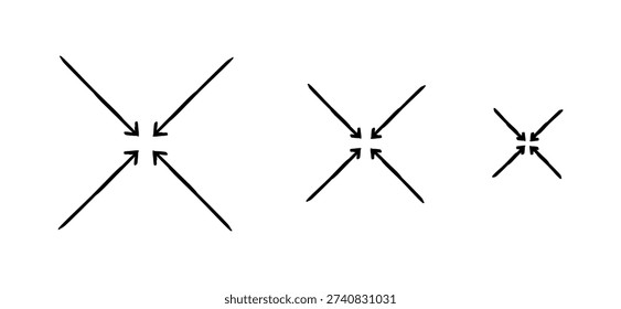 Diagonal arrows pointing to center hand-drawn sketch graphic element set. Focus inward to shared centralization. Doodle direction. Minimal black pointers. Ink freehand symbols. Scribble illustration