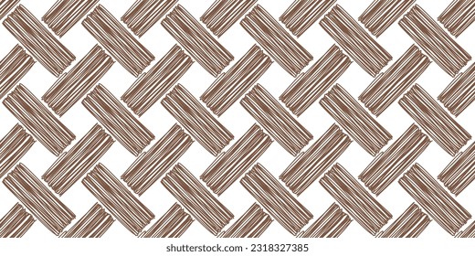 Diagonal basketweave seamless pattern with straw texture. Brawn basket weave bamboo texture on white. Simple monochrome background. Vector abstract illustration