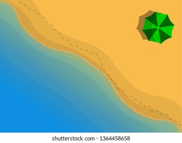 Diagonal Beach. Cross Deserted Yellow Beach. Aerial, Top View. Green Umbrella, Waves And Footprints. Cornerwise Design. Drawing, Top Down. 2d Vector Illustration.