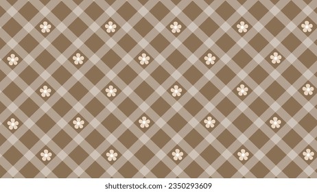 Diagonal beige checked pattern and flowers on the brown background
