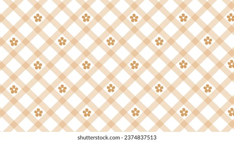 Diagonal beige checked pattern and flowers on the white background
