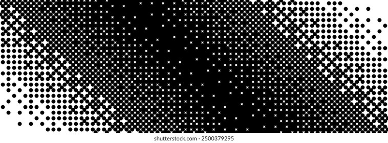 Diagonal bitmap gradient texture. Black and white slanted dithering background. Abstract pixel glitchy pattern. 8 bit video game screen wallpaper. Fading pixel backdrop. Vector retro oblique halftone