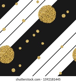 Diagonal black lines on white background with Golden dots seamless design.