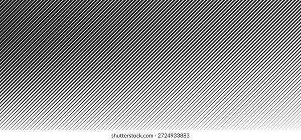 Linhas pretas diagonais no plano de fundo branco formam ilusão de gradiente através de densidade e espaçamento. Textura geométrica abstrata faz profundidade, movimento e ritmo dinâmico mínimo com tensão visual.