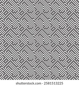 Diagonal black perpendicular overlapping zigzag outline lines vector square seamless geometric pattern or texture.