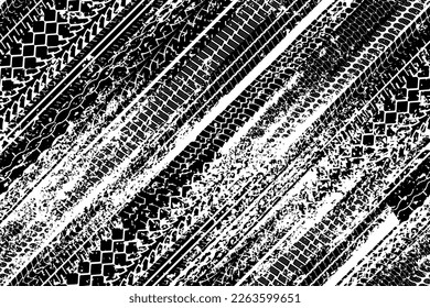 Diagonal black tire tread print or car track with grunge effect seamless pattern. Footprint of bike or vehicle wheels with texture. Top view of rubber protector marks on road. Vector background