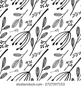 Ilustração diagonal em preto e branco que destaca a estrutura e a textura de folhas e flores. Padrão contínuo.