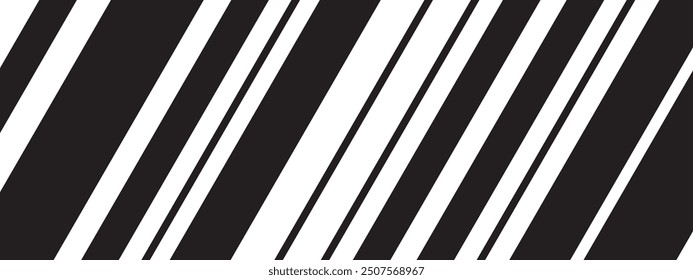 Diagonal black and white lines background. Oblique parallel stripes pattern. Stripy texture. Simple geometric print with slanted strips. Angled bands. Vector graphic illustration.