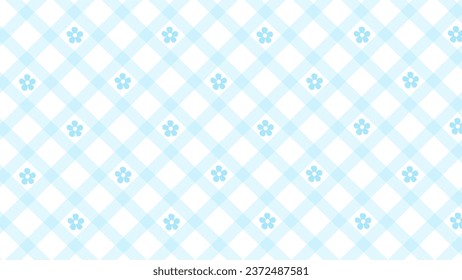 Diagonal blue checked pattern and flowers on the white background
