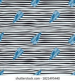 Diagonal blue moles ornament seamless pattern. Stylized insect artwork with monochrome stripped background. Design for wallpaper, textile, wrapping paper, fabric print. Vector illustration.