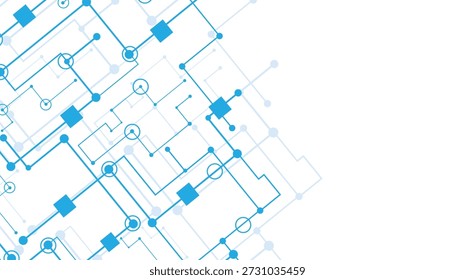 A diagonal blue network of lines, squares, and circles on a white background with empty space. Scalable vector format suitable for print and digital media.