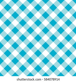 Diagonal blue seamless table cloth with plaid gingham picnic pattern.