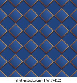 Diagonal blue squares with a shadow with a brown, gold stroke on a blue background. Seamless pattern