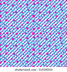 Diagonal blue and star purpule seamless patternl. Vector illustration isolated on white background.