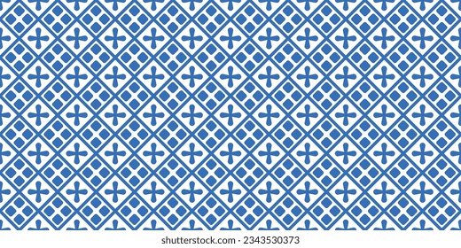 Diagonal blue tiles with crosses. Design for textile, fabric, clothing, curtain, rug, batik, ornament, background, wrapping.