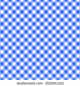 Diagonal blue and white gingham seamless pattern with striped squares. Checkered texture for picnic blanket, table cloth, plaid. Top view. Fabric geometric background. Vector flat illustration.
