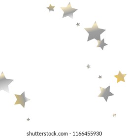 Diagonal border from confetti stars.  Isolated gradient stellar elements. Yellow pearl nacre glitter. Holiday celebration luminous glossy vector template for celebration decorations