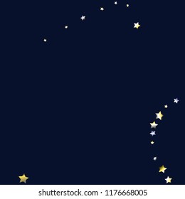 Diagonal border from confetti stars.  Isolated yellow blue white grey gradient celestial elements. Holiday celebration luminous vector background.
