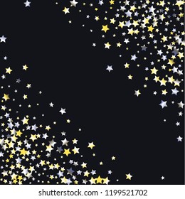 Diagonal border from confetti stars.  Isolated yellow blue white grey gradient celestial elements. Iridescent festive  celebration vector  background.