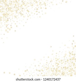Diagonal border from confetti stars.  Isolated gradient celestial elements. Pearl nacre glitter. Holiday celebration luminous vector template for celebration decorations, packaging.