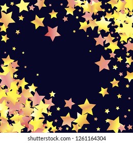 Diagonal border from confetti stars.  Isolated yellow orange red gradient celestial elements. Festive iridescent holographic shine effect vector template for decorations, packaging, flyers, posters.