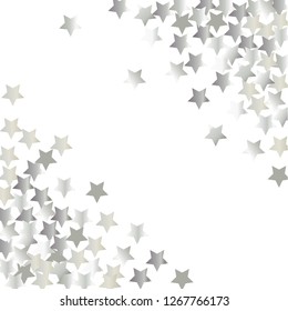 Diagonal border from confetti stars.  Isolated gradient celestial elements. Platinum metal shine. Holiday celebration luminous vector background for decorations, posters.