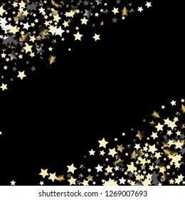 Diagonal border from confetti stars.  Isolated gradient celestial elements. Platinum chrome metallic gloss. Festive iridescent holographic effect vector background.