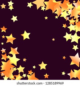 Diagonal border from confetti stars.  Isolated yellow orange red gradient celestial elements. Holiday celebration luminous glossy vector template for decorations, packaging, flyers, posters.