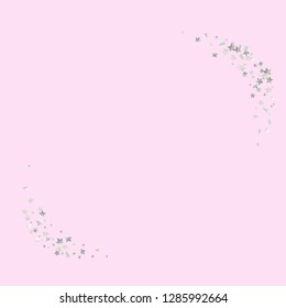 Diagonal border from confetti stars.  Isolated gradient stellar elements. Platinum metal shine. Festive iridescent holographic effect vector background for celebration decorations, flyers.