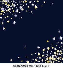 Diagonal border from confetti stars.  Isolated yellow blue white grey gradient celestial elements. Holiday celebration luminous vector background.
