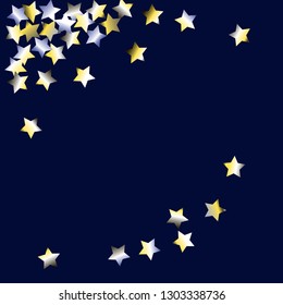 Diagonal border from confetti stars.  Isolated yellow blue white grey gradient celestial elements. Festive iridescent holographic effect vector background.