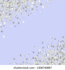 Diagonal border from confetti stars.  Isolated gradient celestial elements. Platinum metallic gloss. Festive iridescent holographic effect vector background for celebration decorations, flyers.