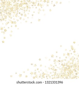 Diagonal border from confetti stars.  Isolated gradient celestial elements. Pearl nacre gloss. Festive iridescent holographic effect vector template for celebration decorations, packaging.