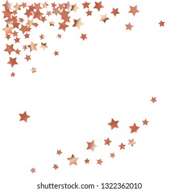 Diagonal border from confetti stars.  Isolated gradient celestial elements. Copper metal shine. Iridescent glitter festive  celebration vector  template for celebration decorations, posters.