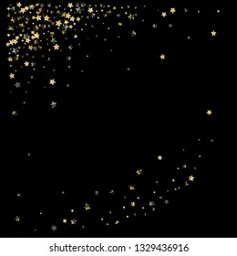 Diagonal border from confetti stars.  Isolated gradient celestial random elements. Platinum chrome metallic gloss. Iridescent festive  celebration vector  background.