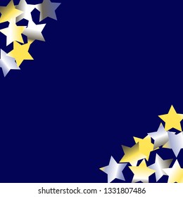 Diagonal border from confetti stars.  Isolated yellow blue white grey gradient celestial elements. Festive iridescent holographic effect vector background.