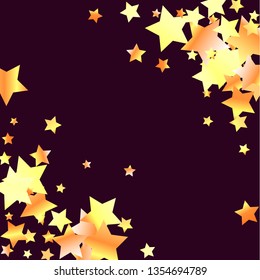 Diagonal border from confetti stars.  Isolated yellow orange red gradient celestial elements. Holiday celebration luminous glossy vector template for decorations, packaging, flyers, posters.
