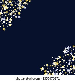 Diagonal border from confetti stars.  Isolated yellow blue white grey gradient celestial elements. Festive iridescent holographic effect vector background.