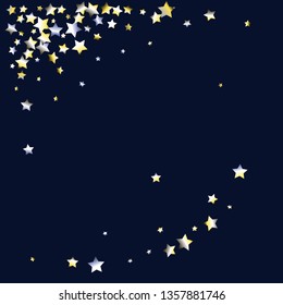 Diagonal border from confetti stars.  Isolated yellow blue white grey gradient celestial elements. Iridescent festive  celebration vector  background.